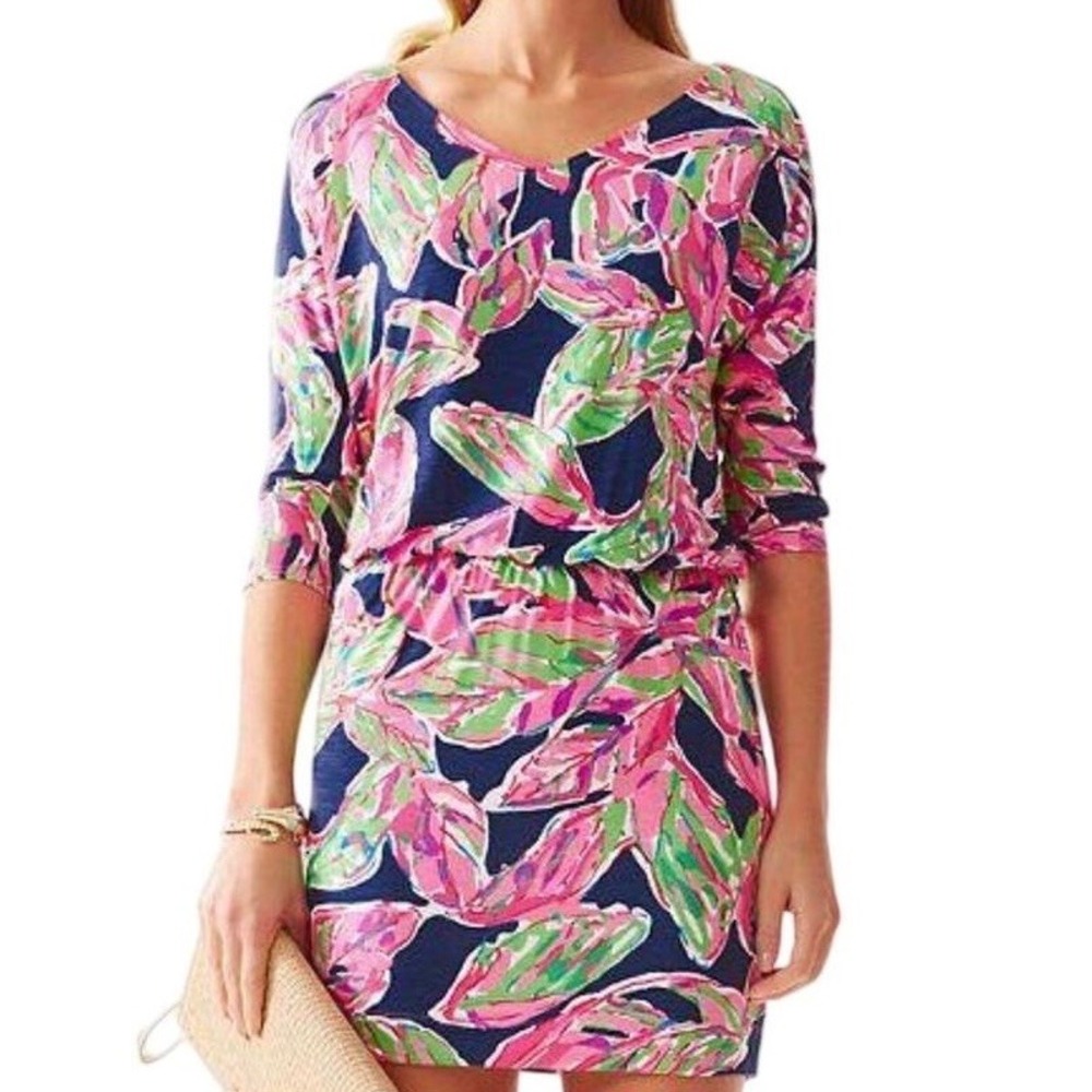 Lilly Pulitzer Hollee Dress XS Pink Green Navy Tropical Preppy Coastal‎ Brunch